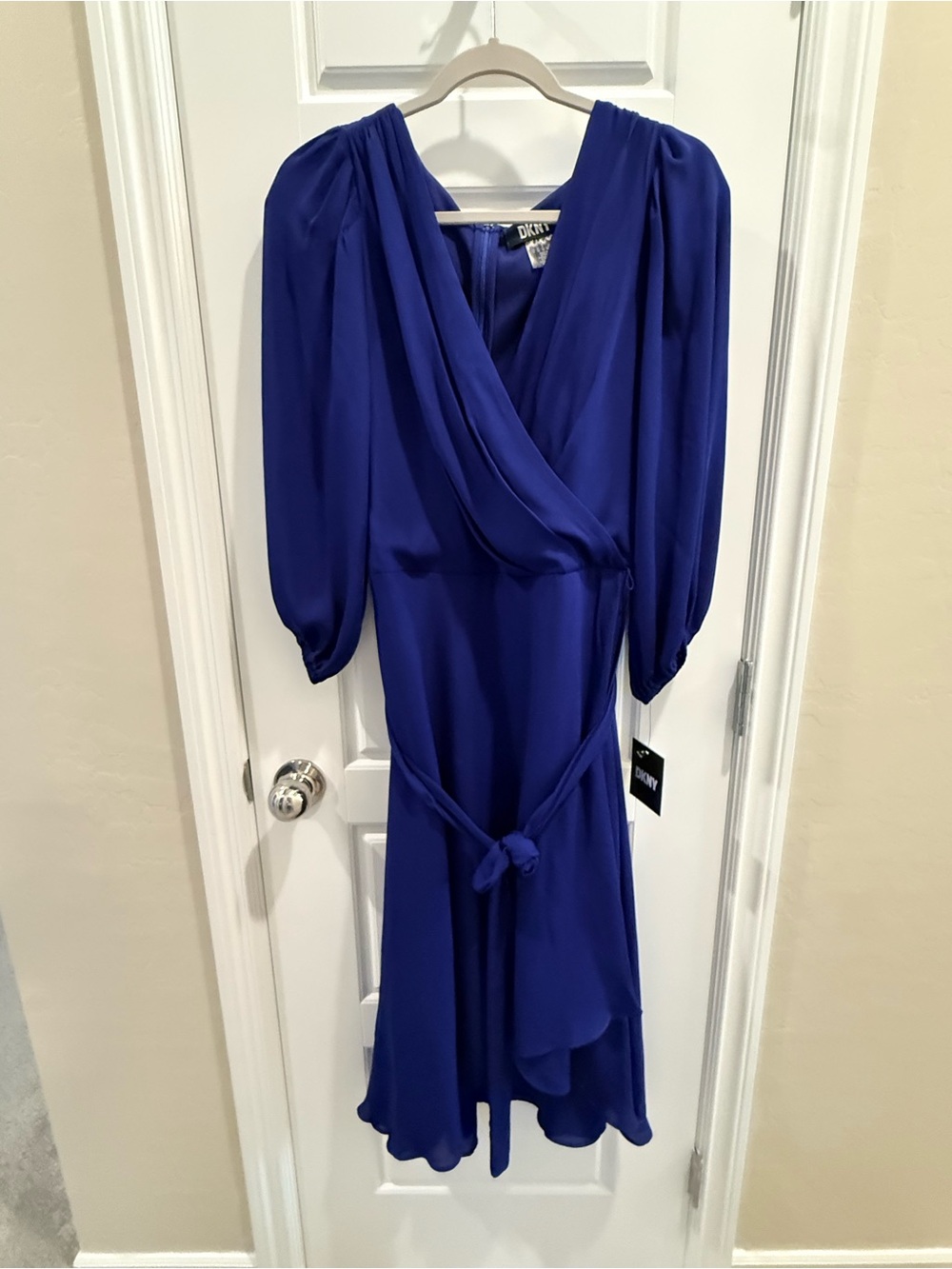 Dkny Electric Blue Faux-Wrap Midi Dress